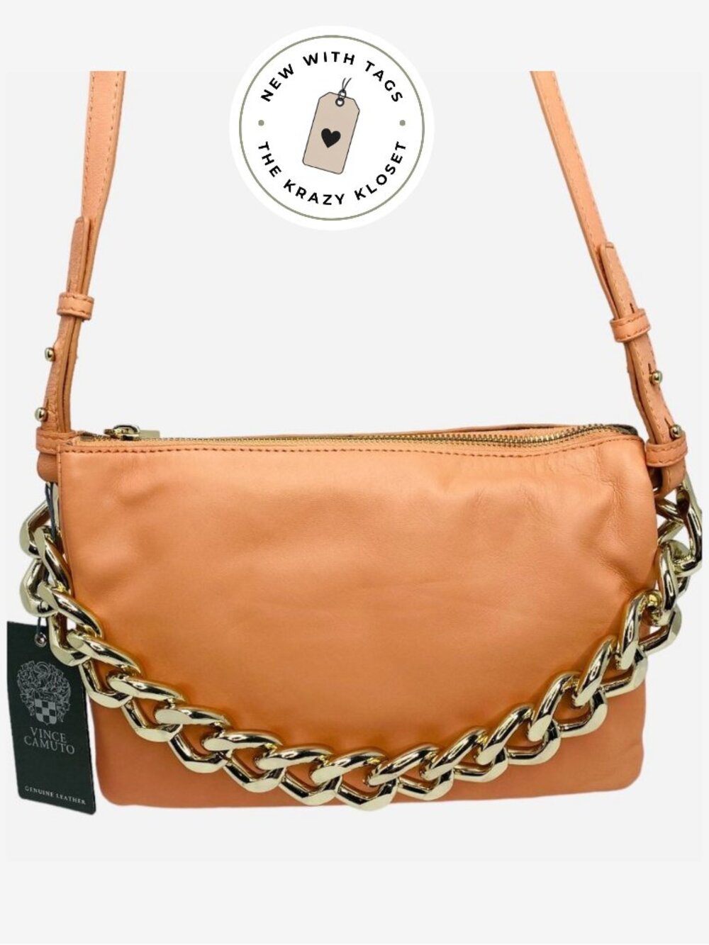 Vince Camuto Leather Crossbody Bag NWT Peach Melon Chunky Chain Convertible